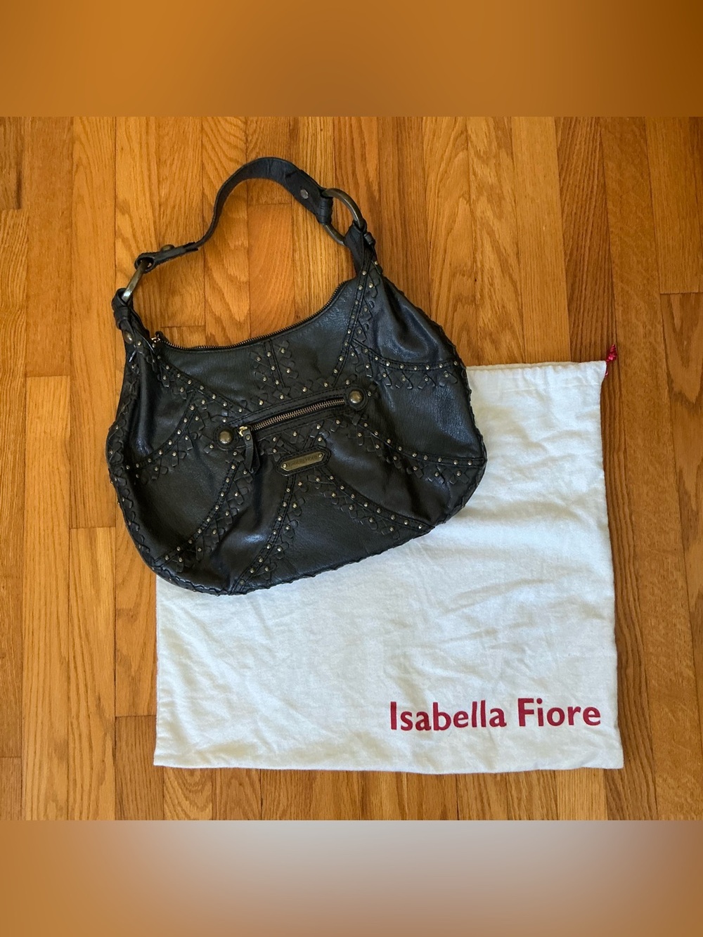 Isabella Fiore Black Studded Leather Hobo Shoulder Bag